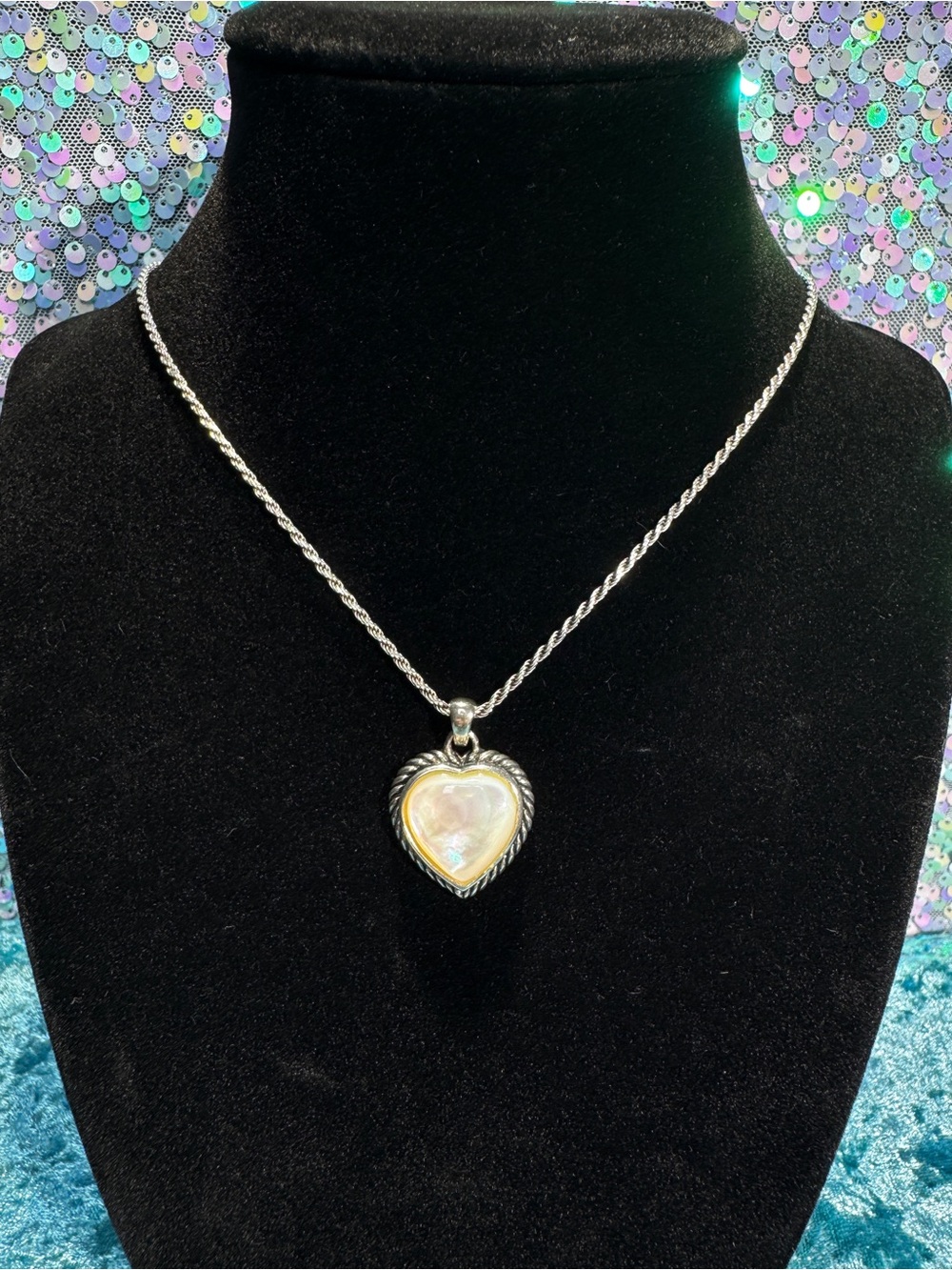 Mother of Pearl Heart Rope Pendant Sterling Silver Necklace